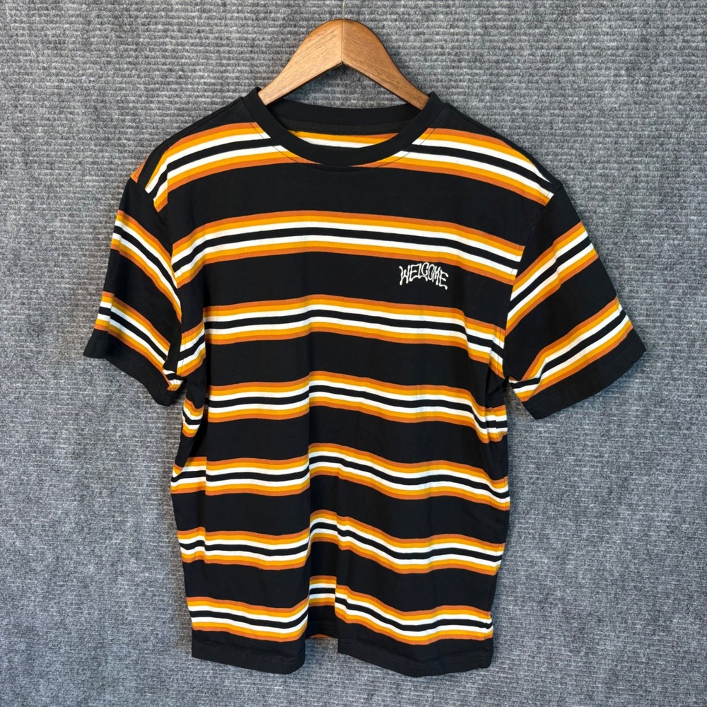 Welcome Skateboards Striped Logo T Shirt Black Orange White Cotton Mens L